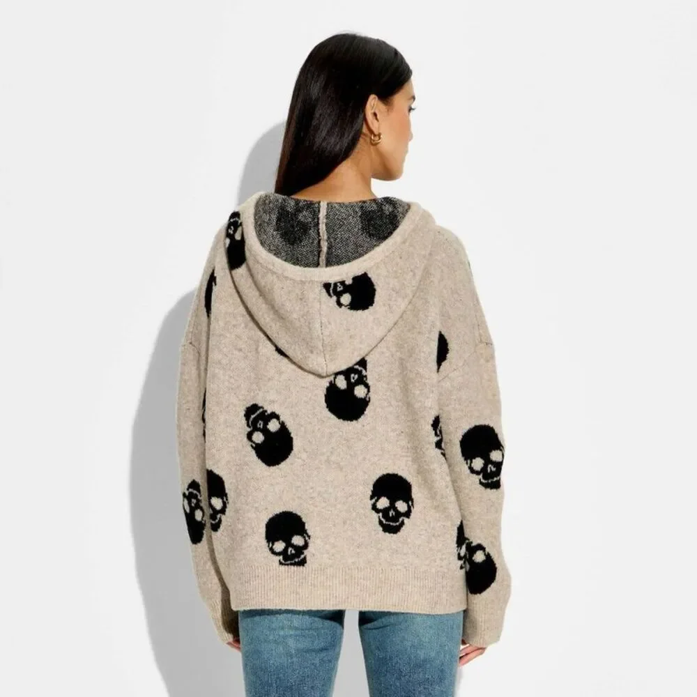 Women's Skulls Hooded Graphic Pullover Sweater - Beige XS